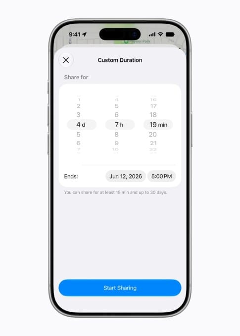 Antarmuka Find My di iOS 27 yang menunjukkan opsi durasi berbagi lokasi fleksibel dengan kontak