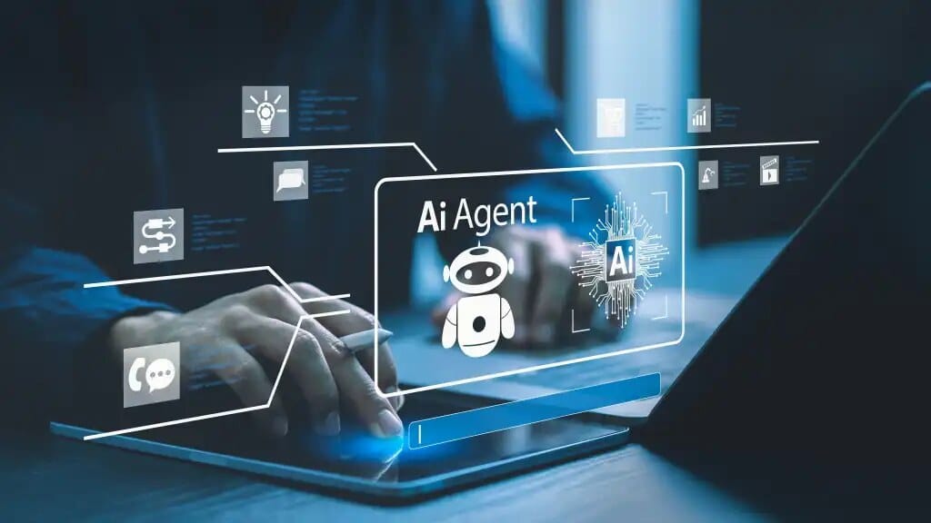 Ilustrasi AI agent enterprise yang menangani otomatisasi tugas kompleks di lingkungan kerja digital