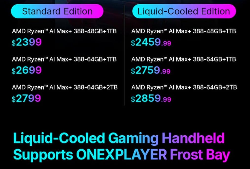 Informasi harga model air-cooled dan liquid-cooled OneXPlayer X2 Mini Pro