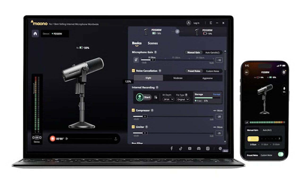 Mikrofon Maono PD500 dikirimkan bersama perangkat lunak untuk membantu membuat siaran terdengar profesional.