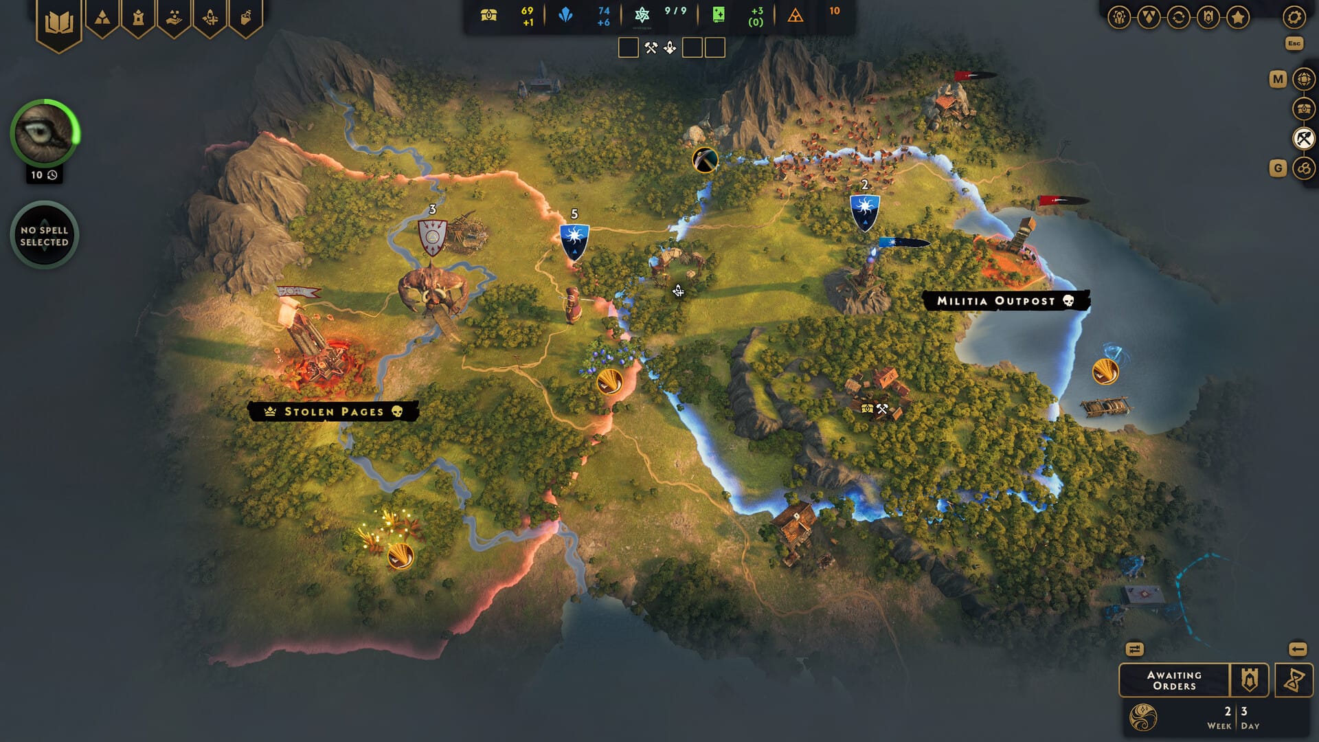 Pertempuran di SpellForce: Conquest of Eo dengan efek sihir yang memukau.
