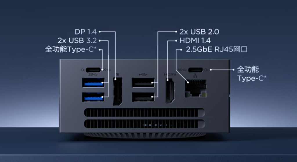 Port konektivitas di sisi belakang Lenovo AI Mini PC