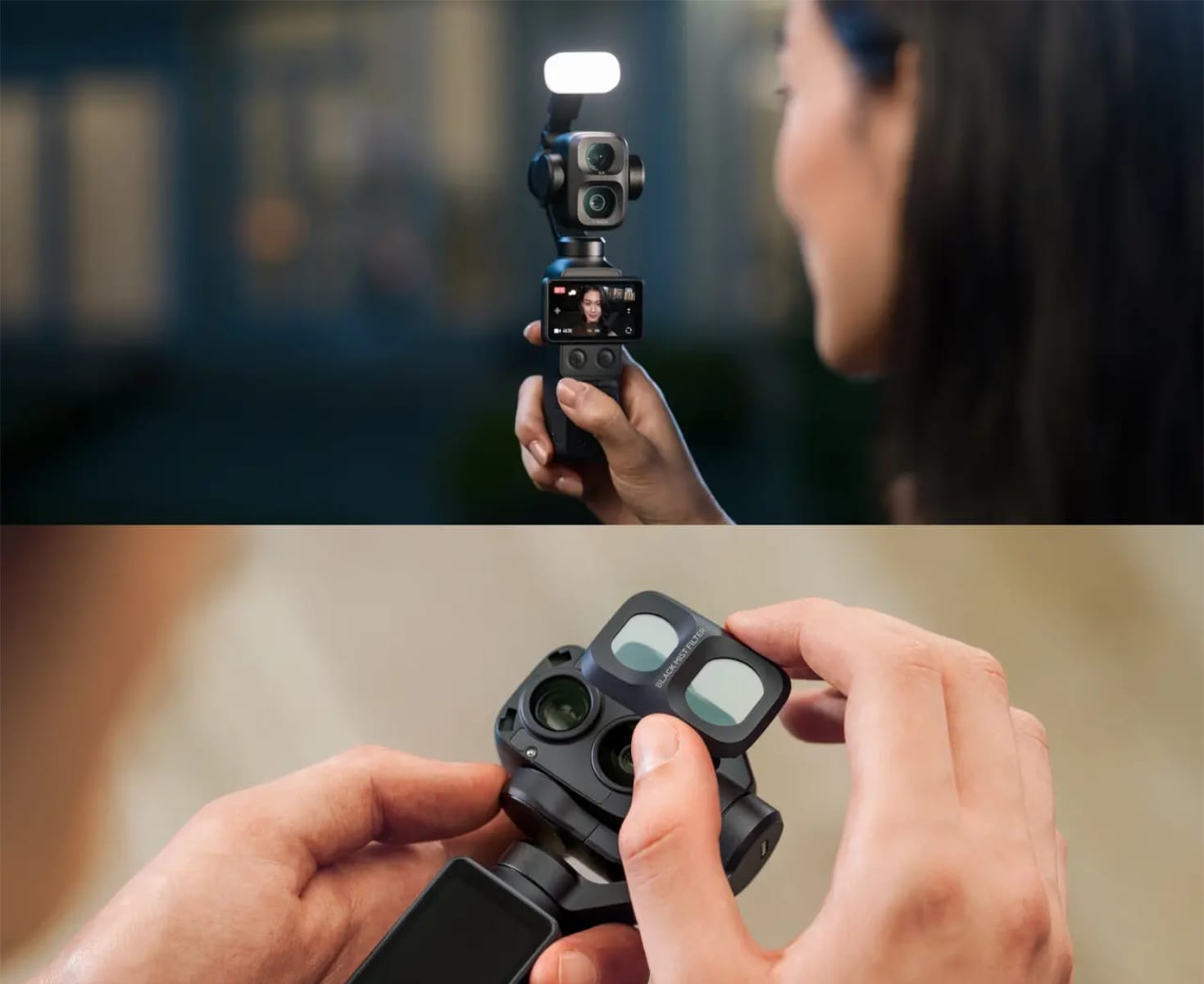 Tampak depan DJI Osmo Pocket 4 Pro dengan lensa ganda dan layar OLED 2 inci