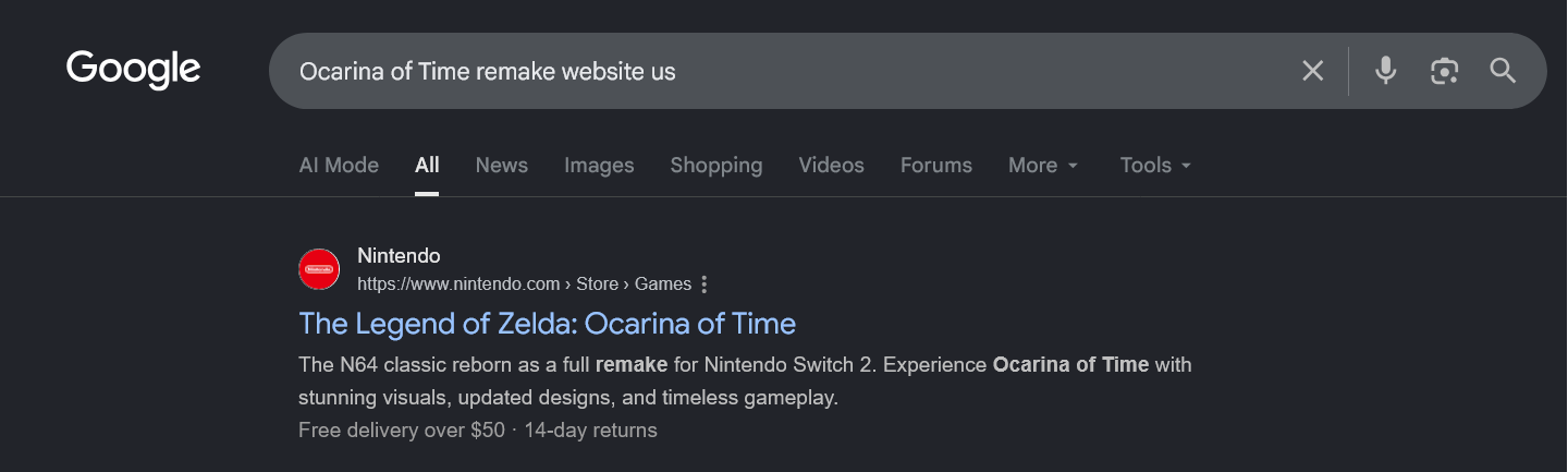 Tampilan bocoran metadata Google terkait remake Zelda Ocarina of Time