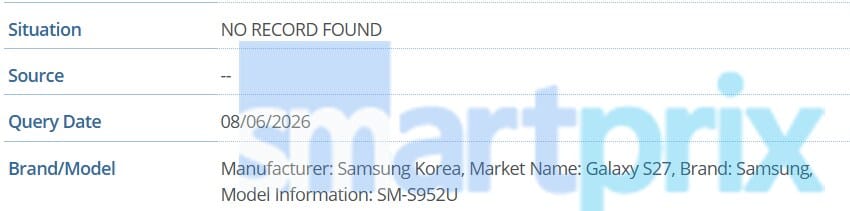 Tampilan perangkat Galaxy S27 yang muncul dalam basis data IMEI