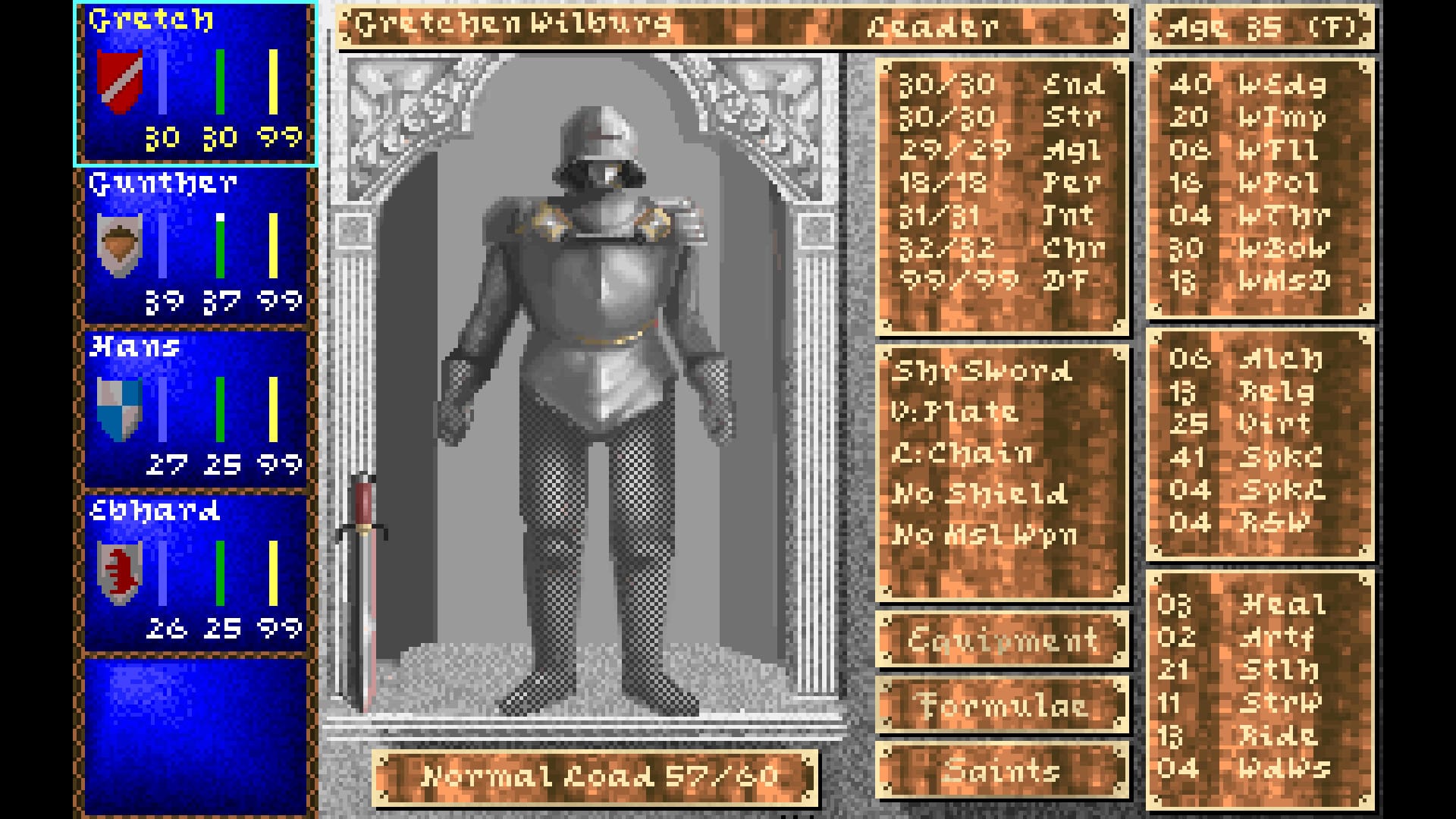 Tangkapan layar gameplay dari Darklands menampilkan jendela teks dan menu pilihan khas RPG lawas.