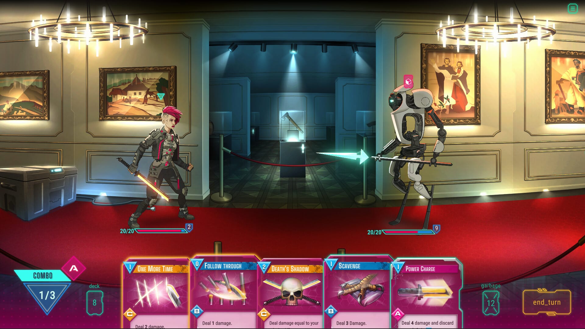 Tangkapan layar gameplay dari HeistGeist yang menunjukkan pertarungan kartu taktis melawan penjaga korporat.