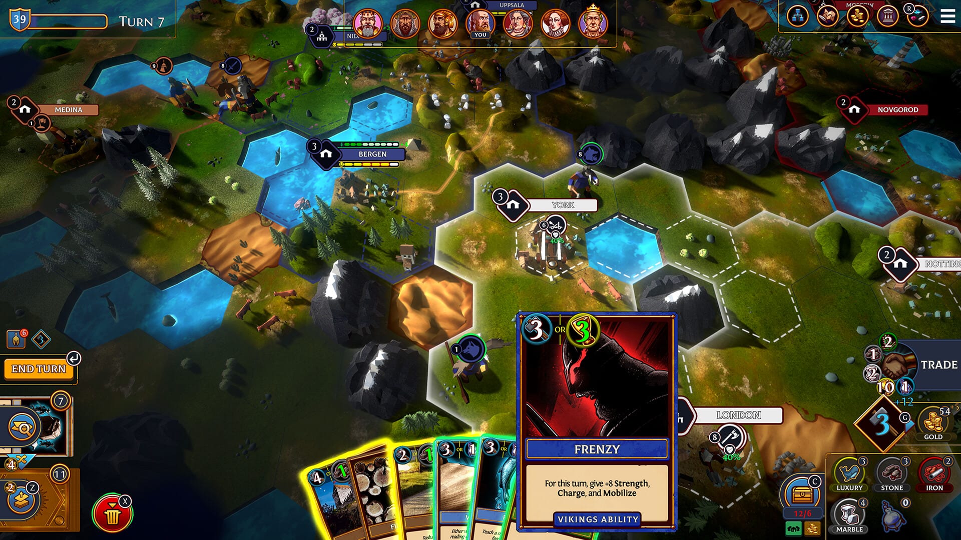 Tangkapan layar gameplay Hexarchy menampilkan peta hex dan antarmuka kartu