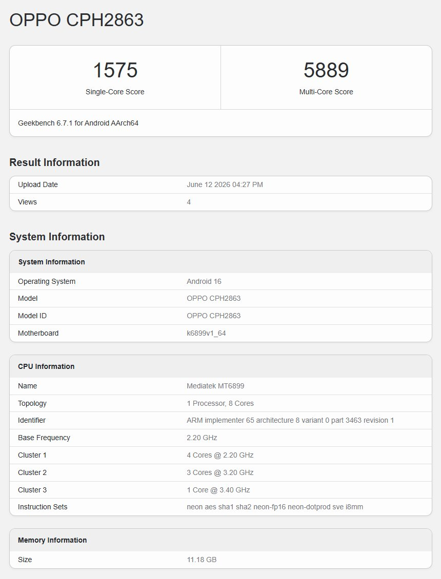Tangkapan layar skor benchmark Geekbench Oppo Reno 16 Pro global