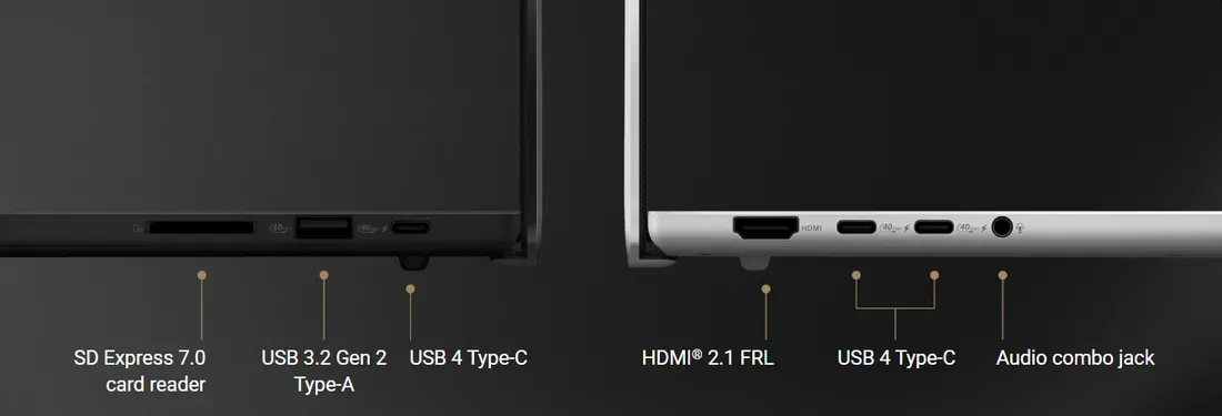 Sisi samping Asus ProArt P16 yang menampilkan deretan port konektivitas lengkap
