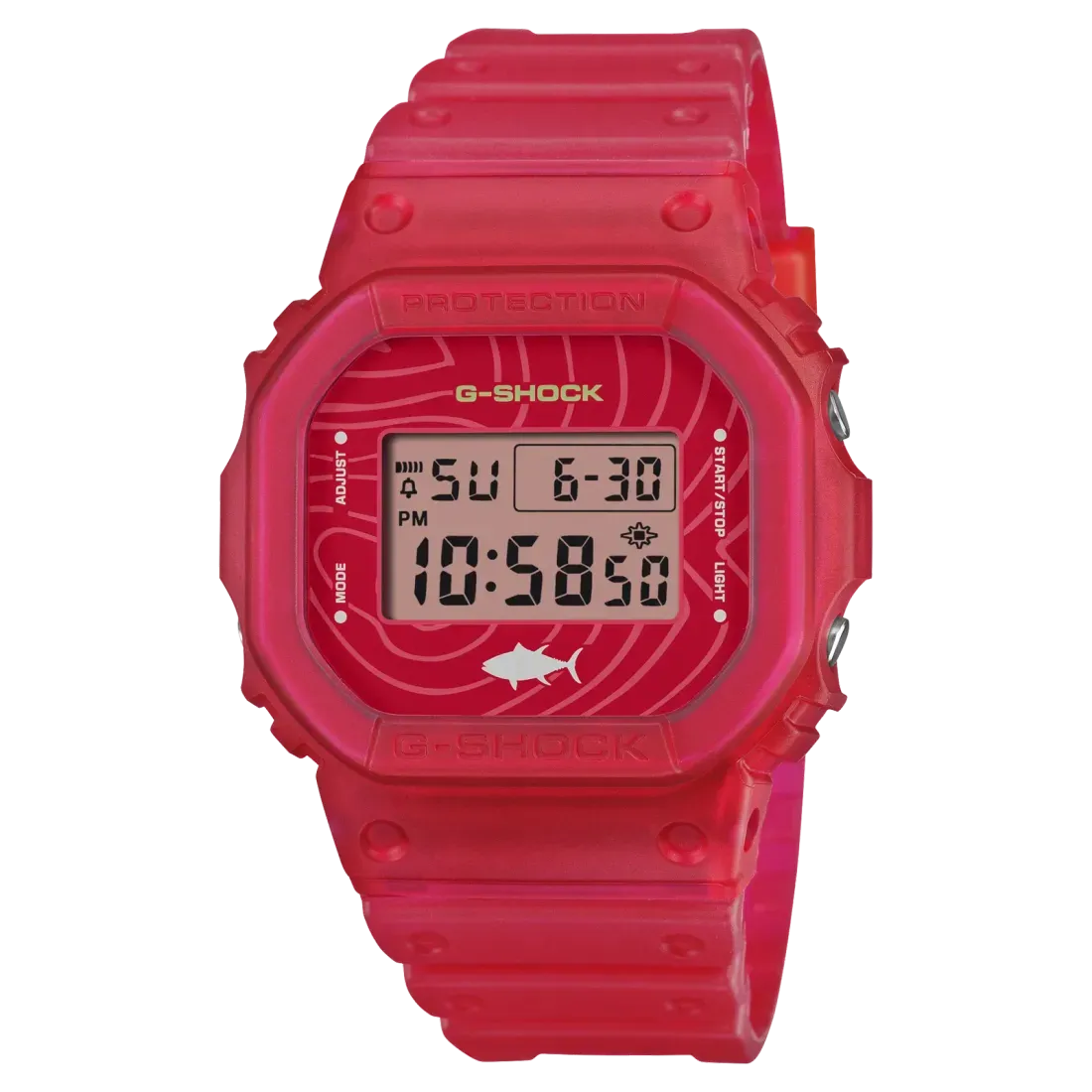 Casio G-Shock DW-5600SSH bertema tuna dengan resin merah transparan