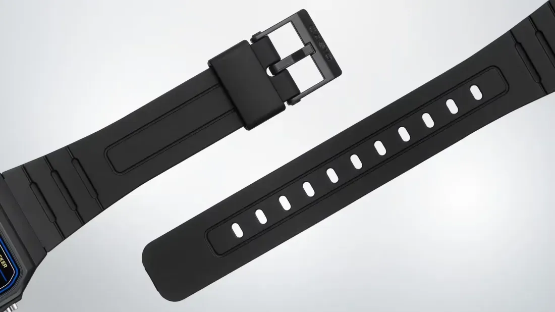Tampilan detail strap bahan bio-resin dan cangkang jam Casio FB100W