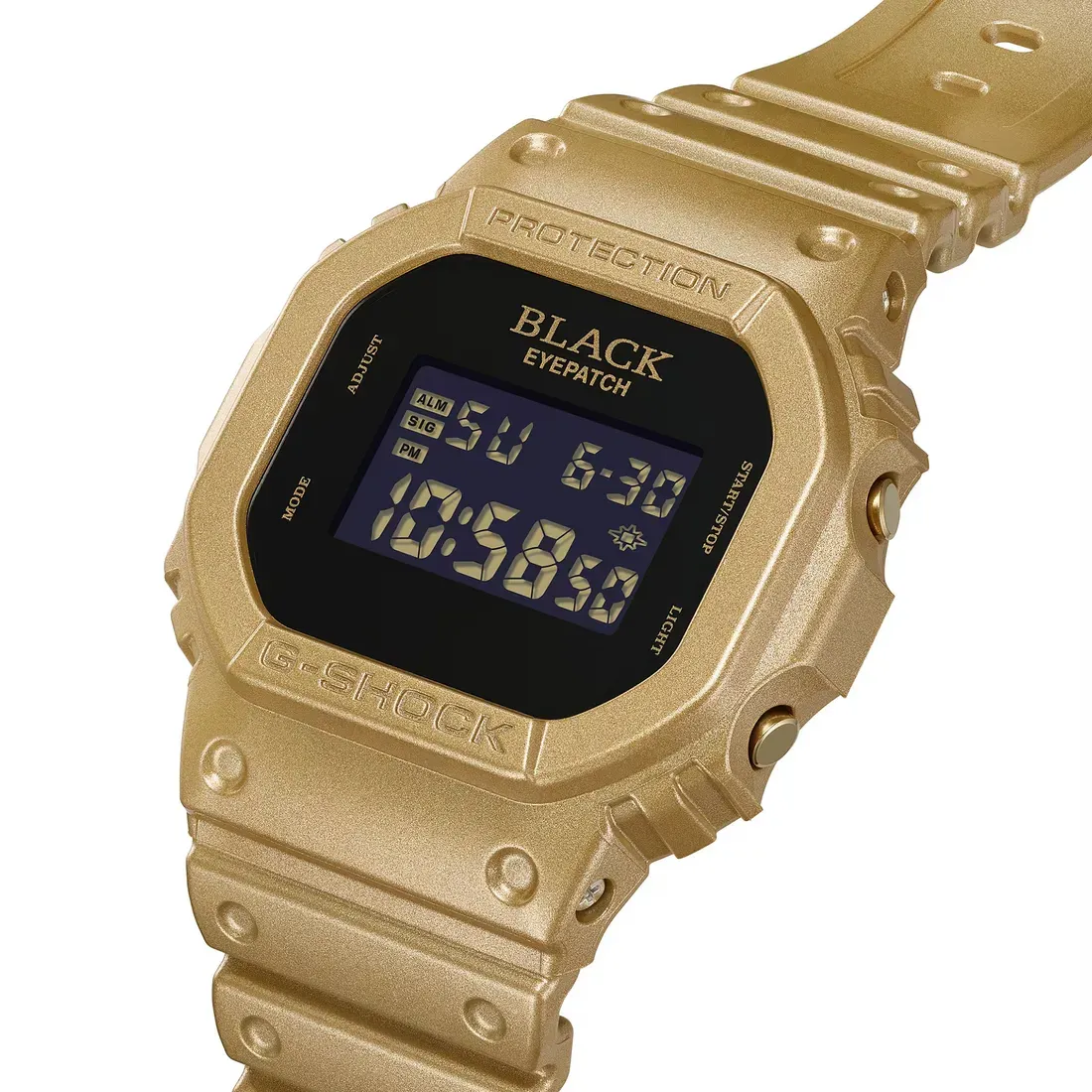 Casio G-Shock DW-5600BEP-9 dengan layar digital hitam dan casing bernuansa emas