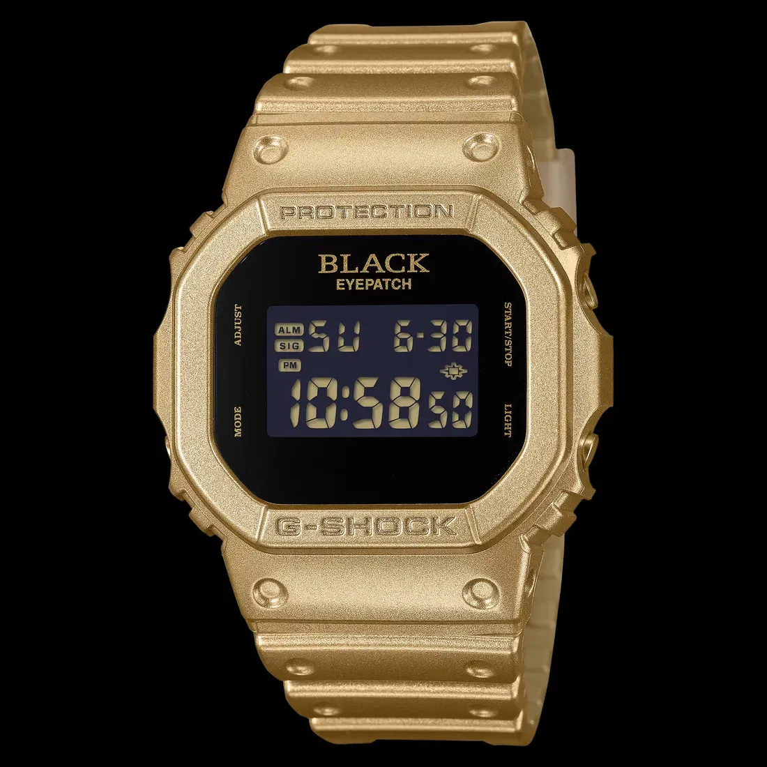 Tampilan Casio G-Shock DW-5600BEP-9 dengan bezel emas dan logo BlackEyePatch