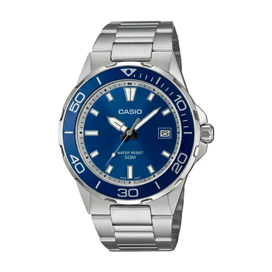 Casio MTD-145D-2AV dengan dial biru dan bezel aluminium