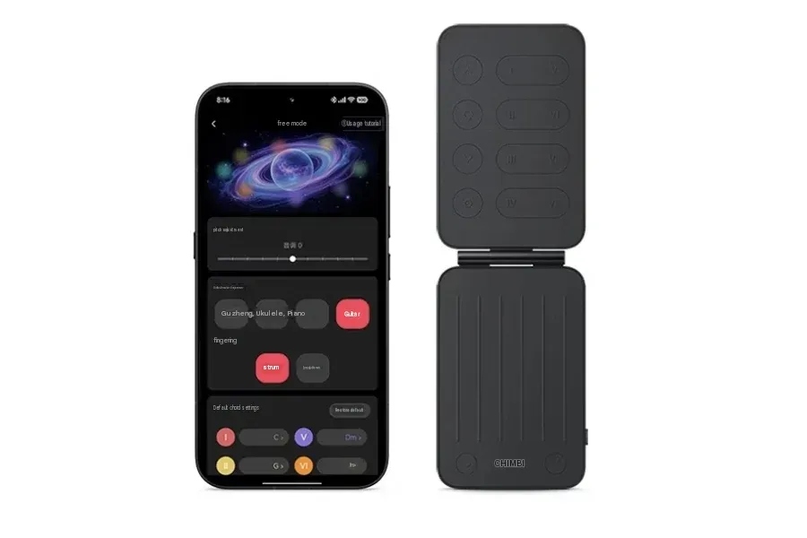 Desain lipat Xiaomi Pocket Guitar dengan tombol kord dan panel petik