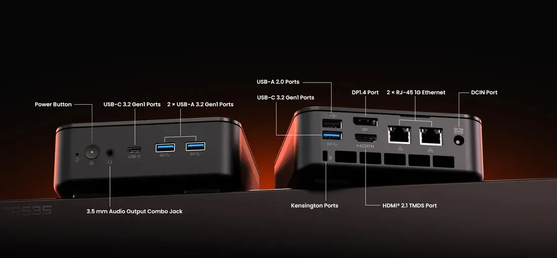Susunan port Minix ZR535 dengan dua Gigabit Ethernet dan keluaran tiga layar