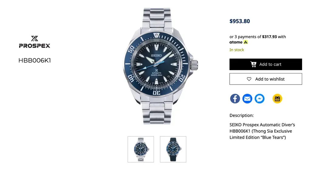Tampilan harga Seiko Prospex HBB006K1 di butik resmi Singapura