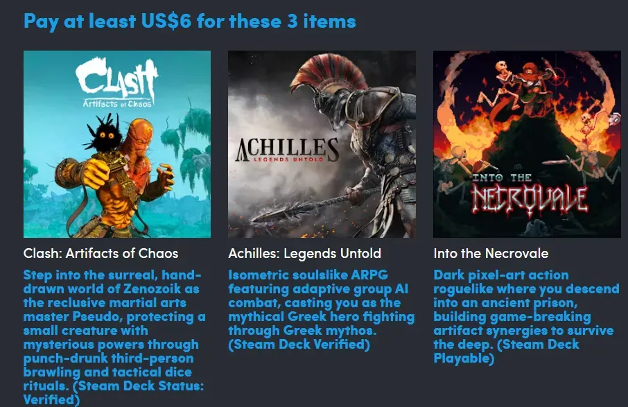 Tiga game pada tingkat pertama paket Gear and Glory Action RPGs