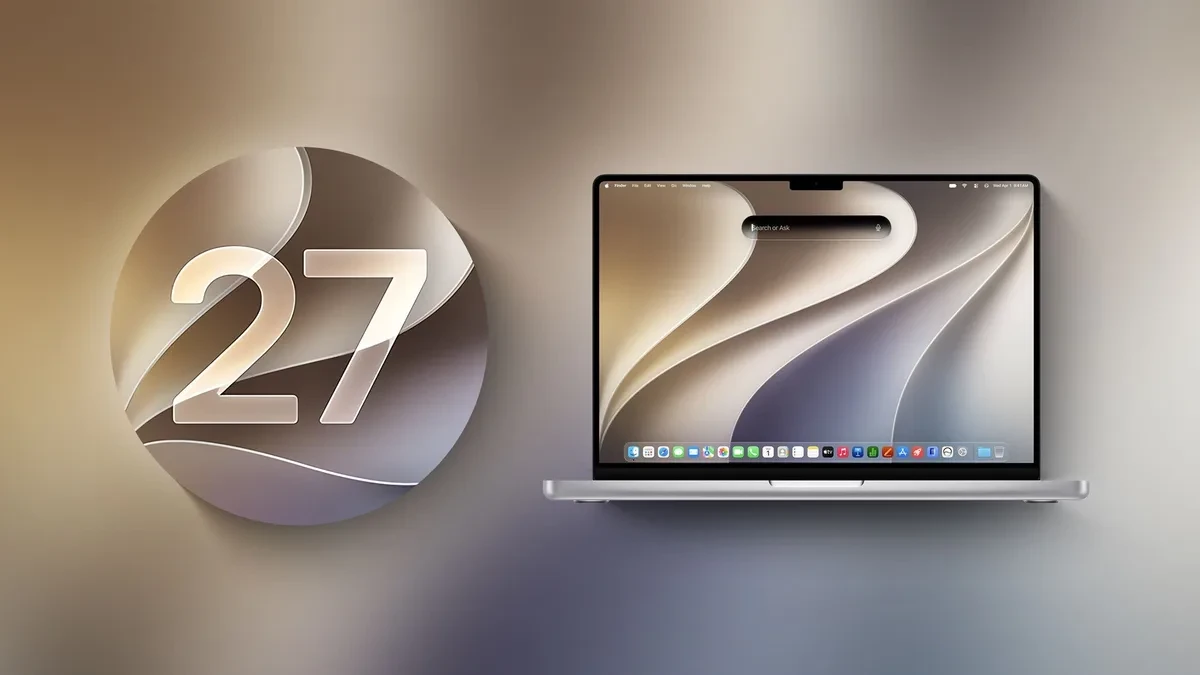 MacBook Pro menampilkan macOS Golden Gate di samping antarmuka sistem operasi Apple
