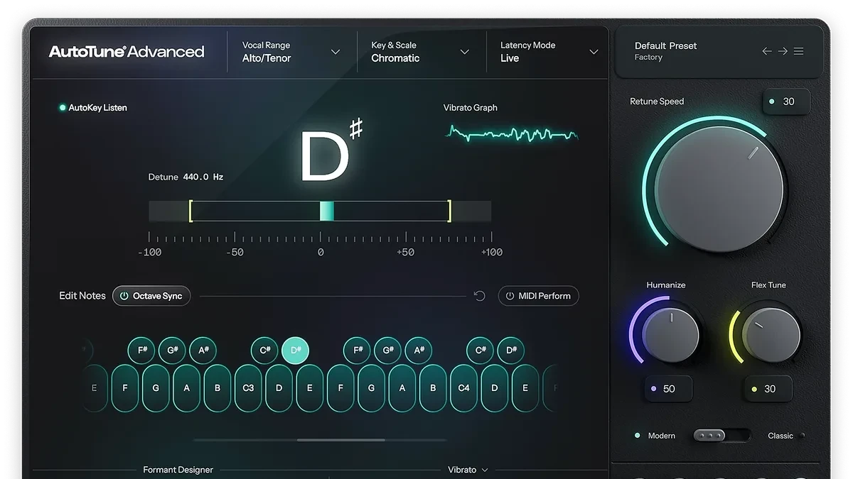 Antarmuka AutoTune Advanced untuk mengatur koreksi nada vokal secara presisi