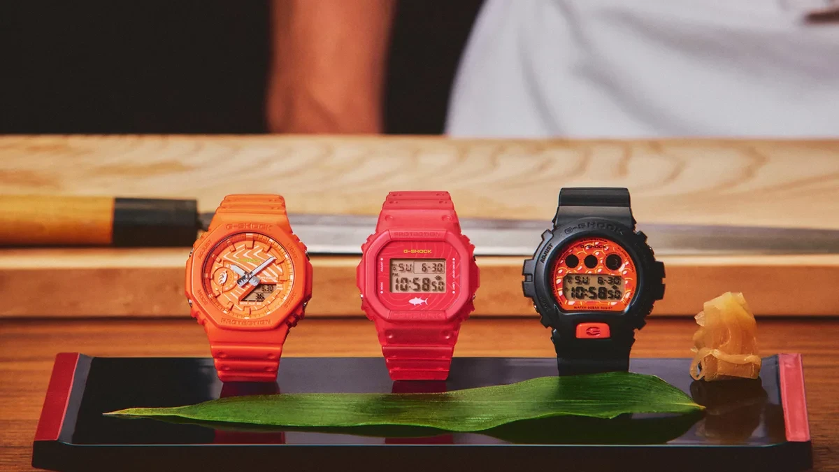 Tiga Casio G-Shock bertema sushi yang mewakili tuna, salmon, dan gunkan-maki