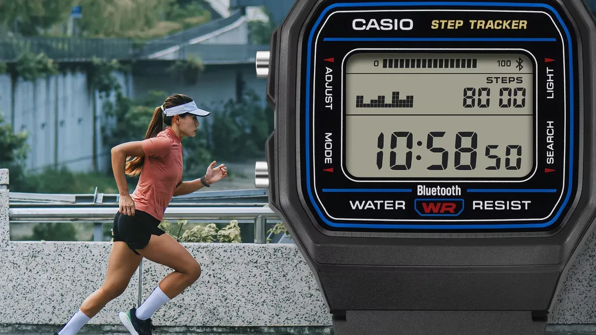 Jam tangan digital Casio F-B100W dengan fitur pelacak langkah