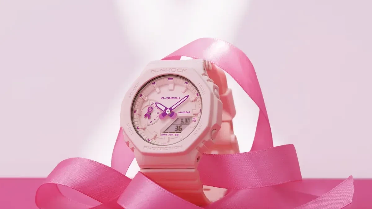 Tampak depan jam tangan Casio G-Shock GMAS2100PR-4A warna pink pastel