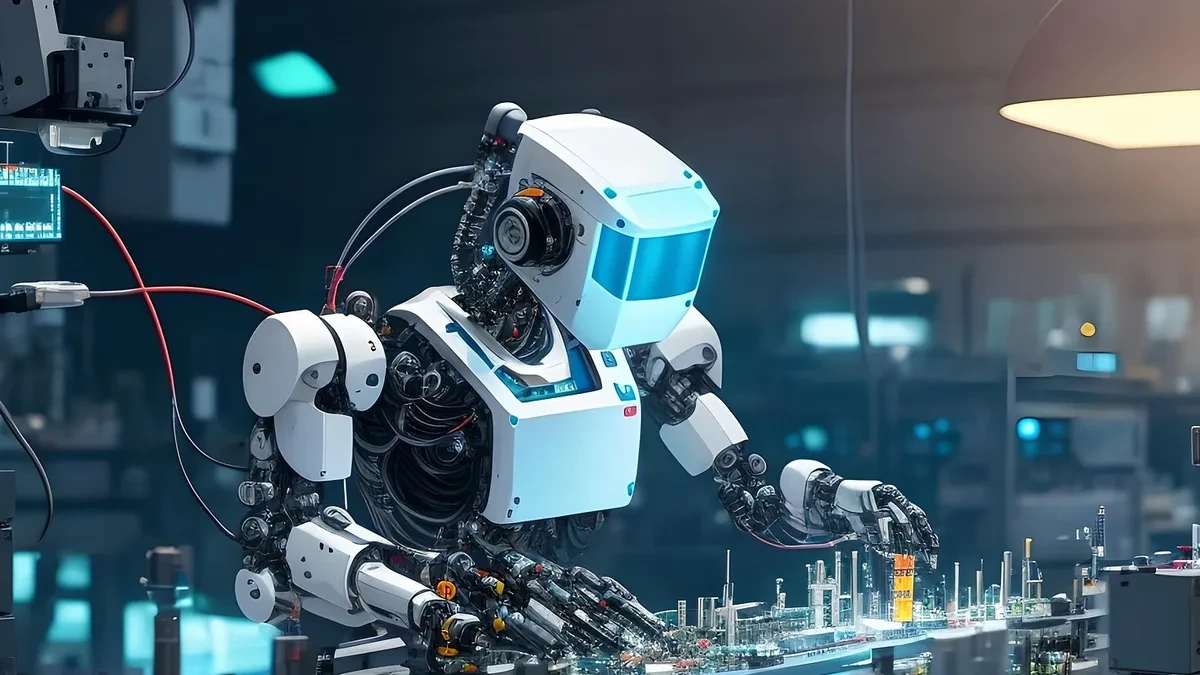 Ilustrasi robot industri berbasis AI bekerja di lingkungan pabrik