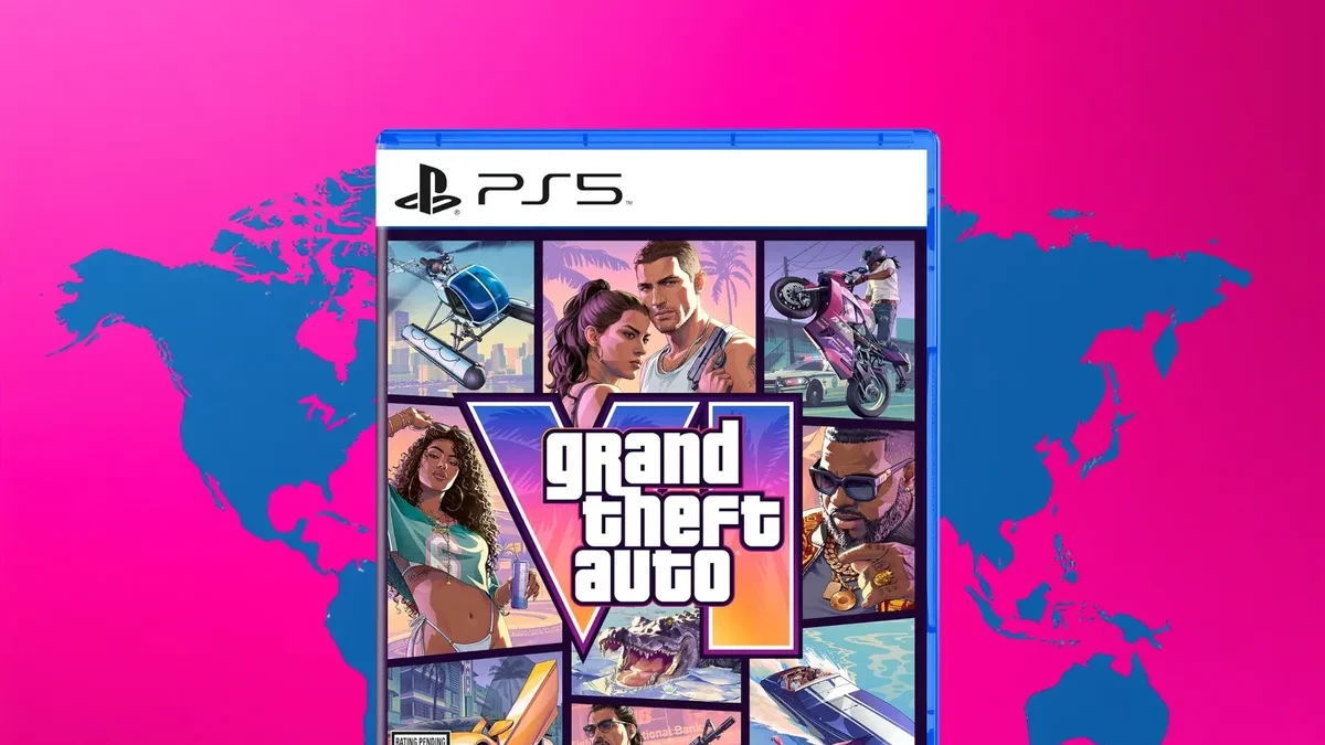 Kotak fisik GTA 6 untuk PS5 dengan ilustrasi peta dunia