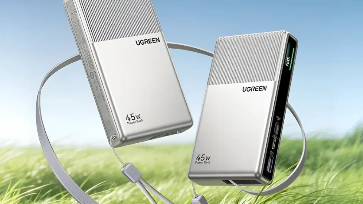 Power bank Ugreen P7 45W 20000mAh tampak depan dengan kabel bawaan