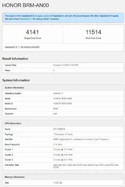 Hasil tes benchmark Geekbench 6 Honor Win 2