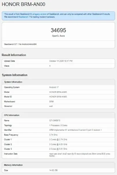 Hasil tes OpenCL GPU Honor Win 2