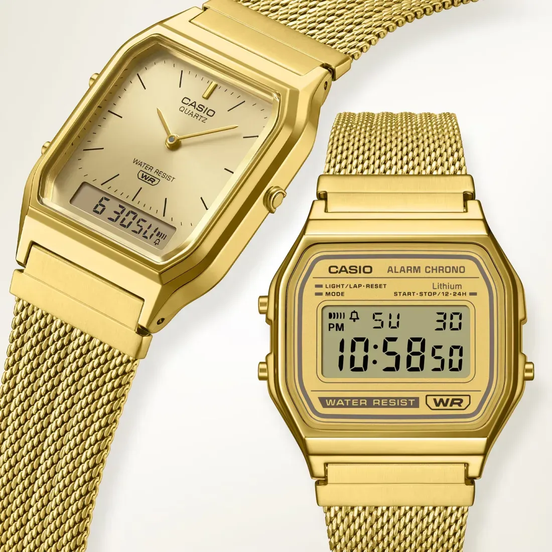 Casio A158WEMG-9 dengan tali rantai mesh warna emas