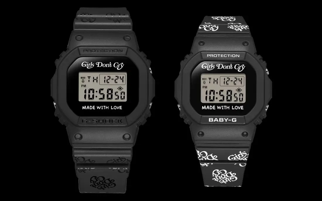 Detail logo Girls Don't Cry pada dial dan tali jam tangan Casio G-Shock dan Baby-G