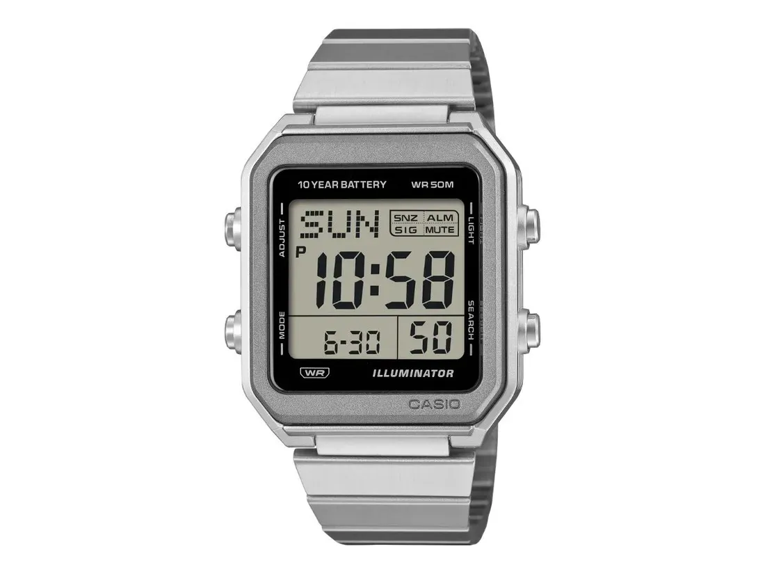 Tampilan dekat dial dan rantai metal Casio W-221HD-1A