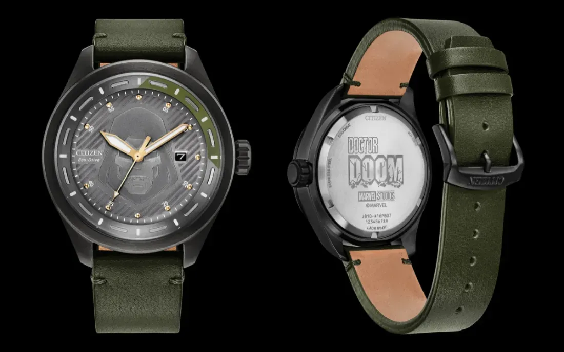 Detail dial jam tangan Citizen Doctor Doom dengan siluet topeng besi
