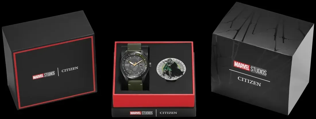 Tali kulit hijau dan bodi jam Citizen Doctor Doom AW5027-44W