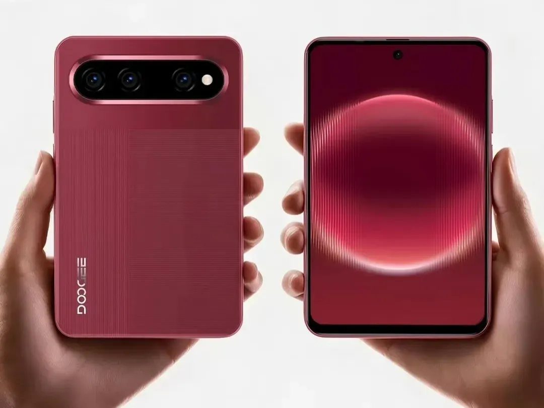 Render poster promosi Doogee Note60 W dengan desain bodi belakang bergaris