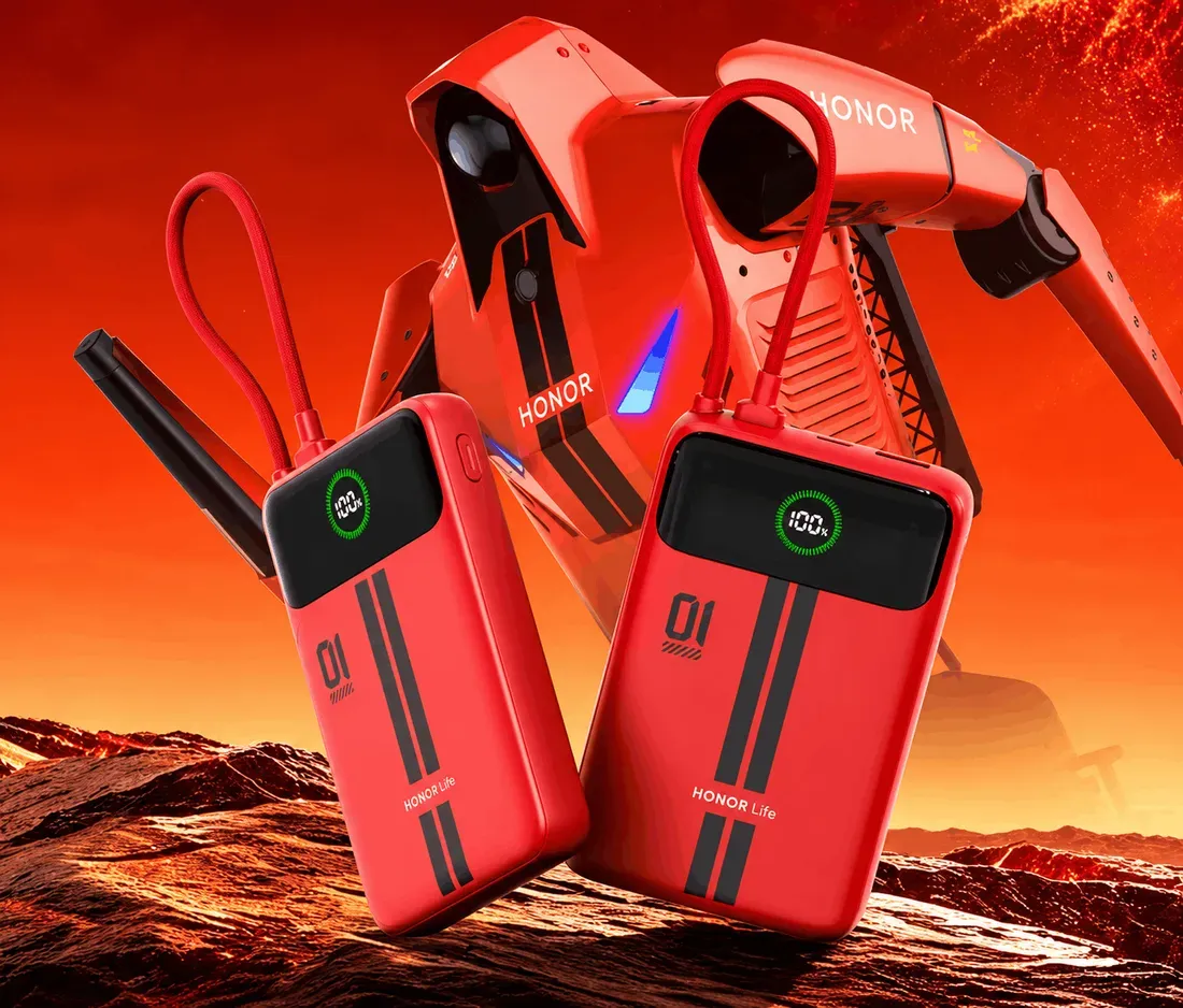 Dua unit Honor Life Power Bank berwarna merah dengan layar indikator baterai