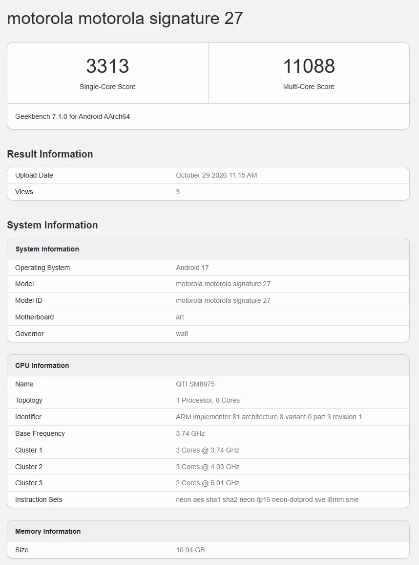 Hasil uji benchmark Geekbench Motorola Signature 27