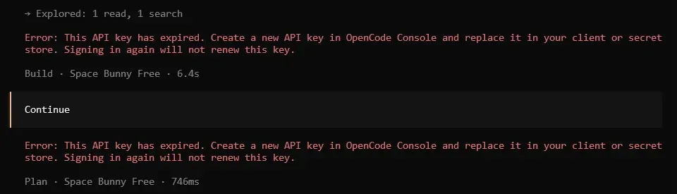 Tampilan eror kunci API kadaluarsa dan kegagalan login di OpenCode