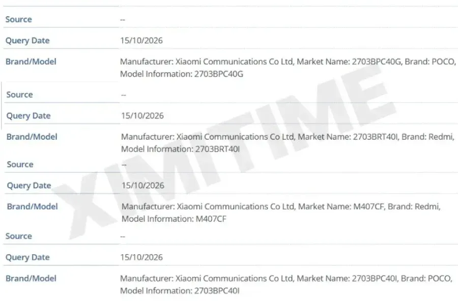 Bocoran data IMEI Redmi Turbo 6 yang menunjukkan nomor model global POCO X9 Pro