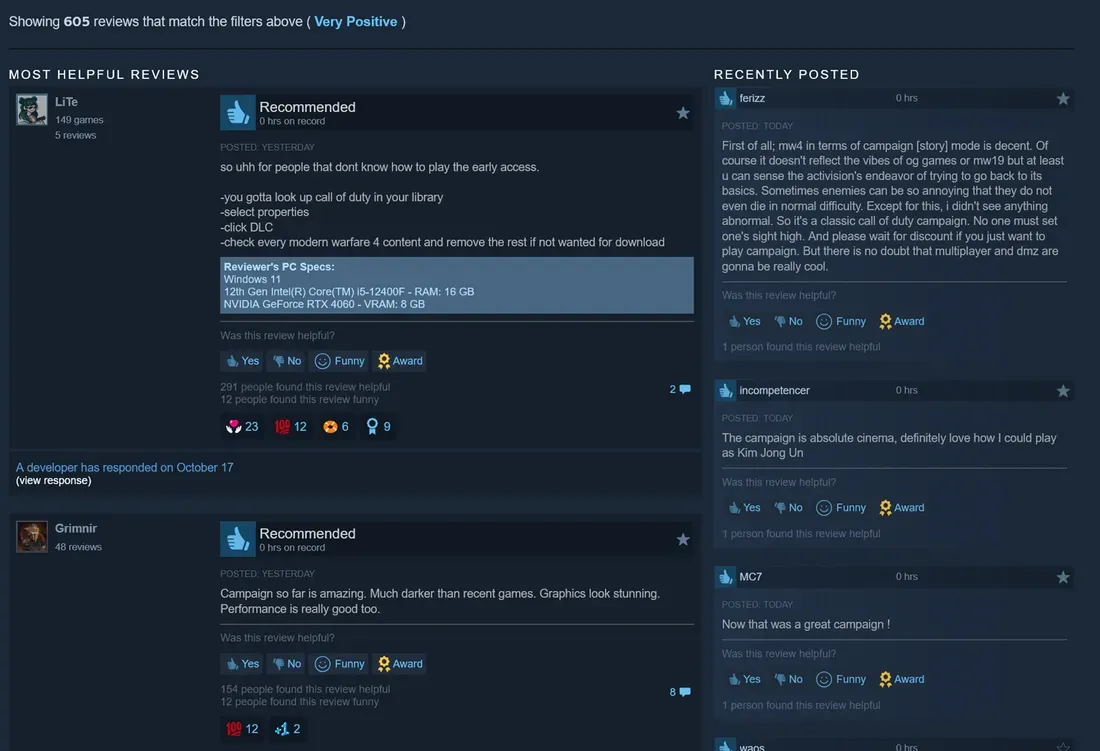 Tampilan ulasan positif pengguna di Steam untuk Call of Duty Modern Warfare 4