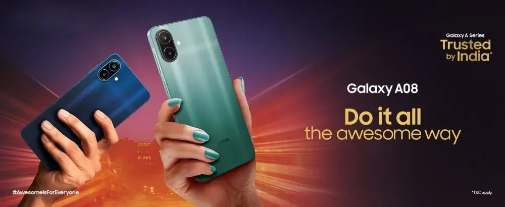 Tampilan sisi samping Samsung Galaxy A08 dengan desain Key Island