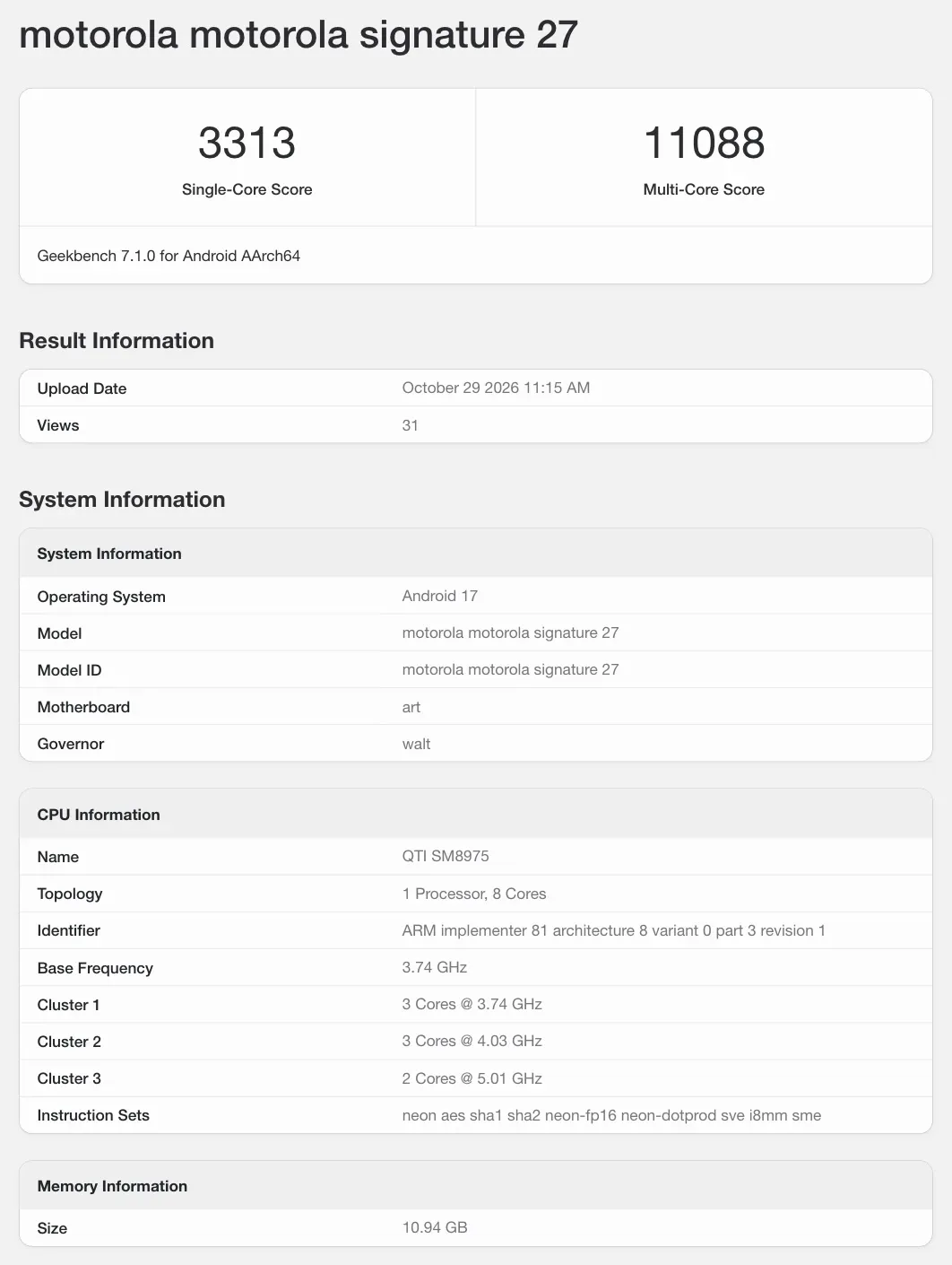 Daftar pengujian Geekbench Motorola Signature 27