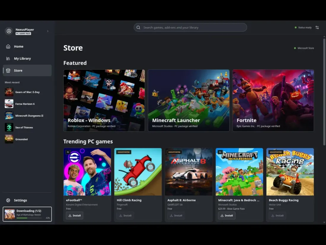 Halaman unduhan Microsoft Store dan Game Pass di Xodus Nexus