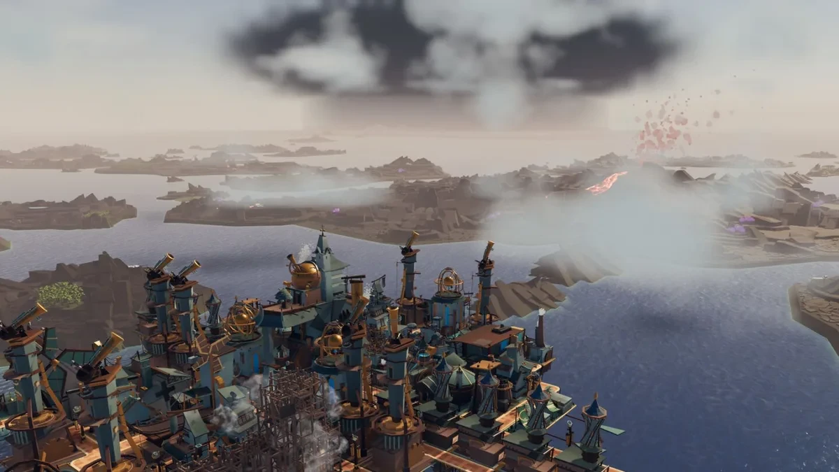 Tampilan kota melayang di game Airborne Empire di Steam