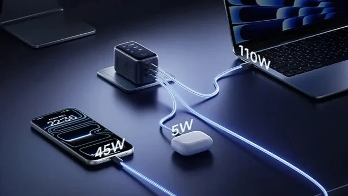 Baseus EnerGeek GH21 160W GaN charger tampak depan dengan layar TFT
