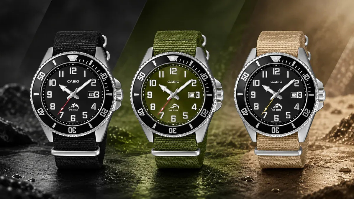 Tiga varian jam tangan selam Casio MDV106C dengan strap kain